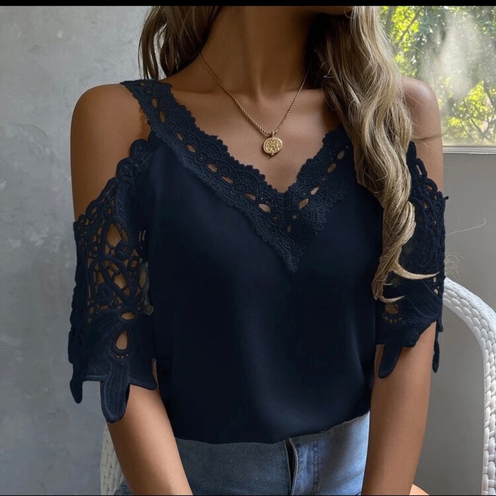 Navy Cold Shoulder Lace Blouse